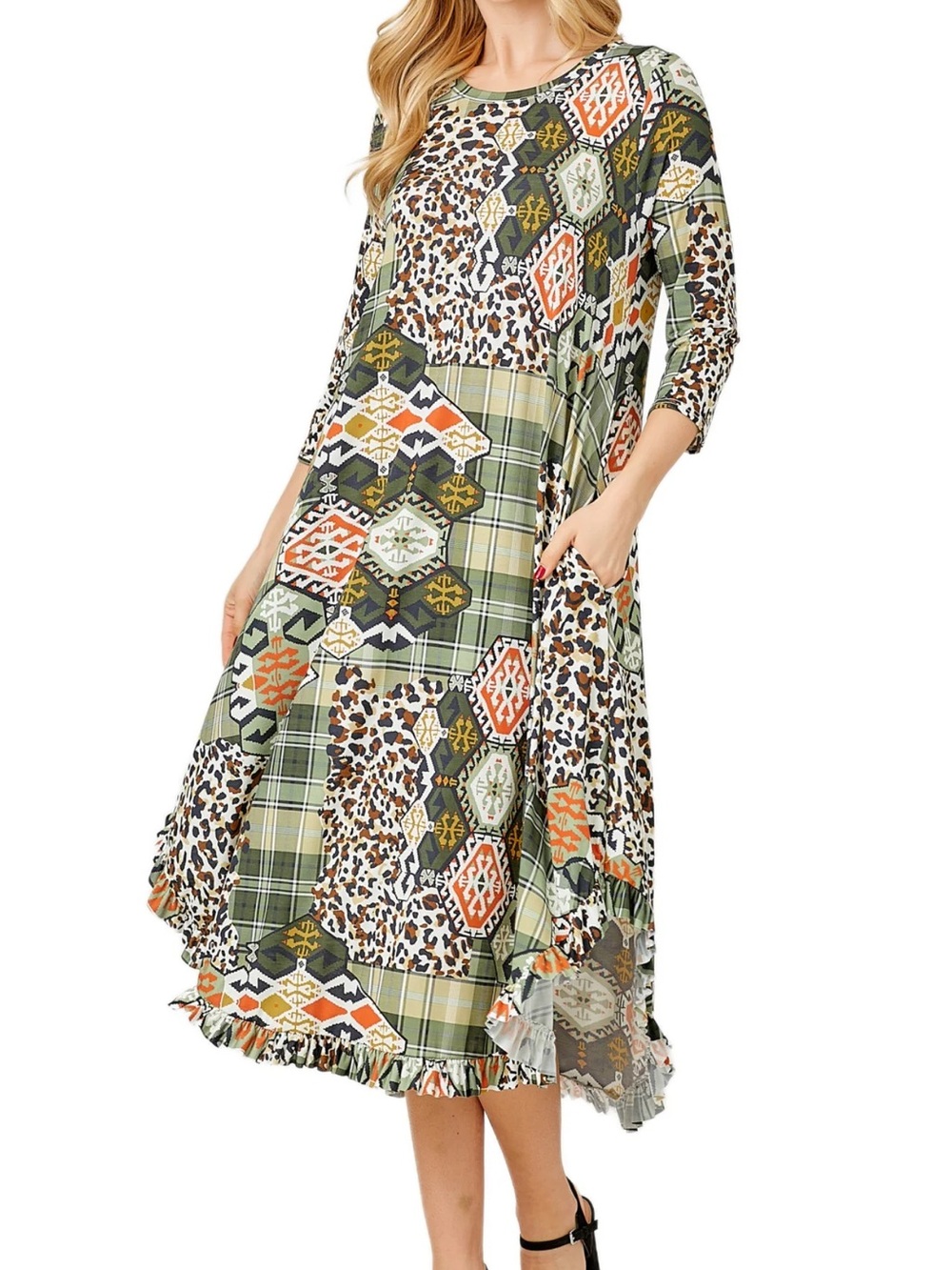 Boho Patchwork Print Midi Dress in Green